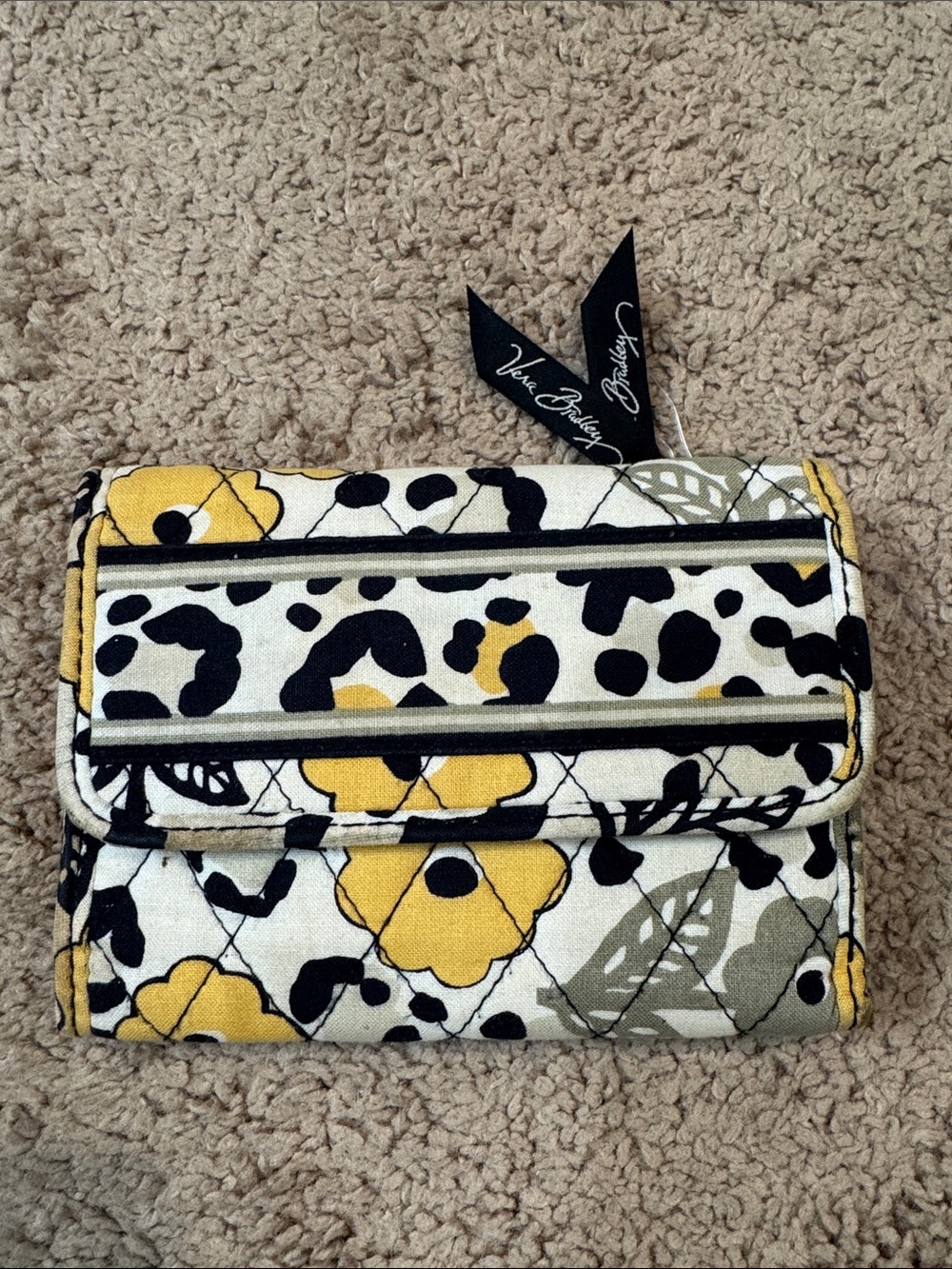 Vera Bradley Yellow Floral & Black Quilted Trifold Wallet
